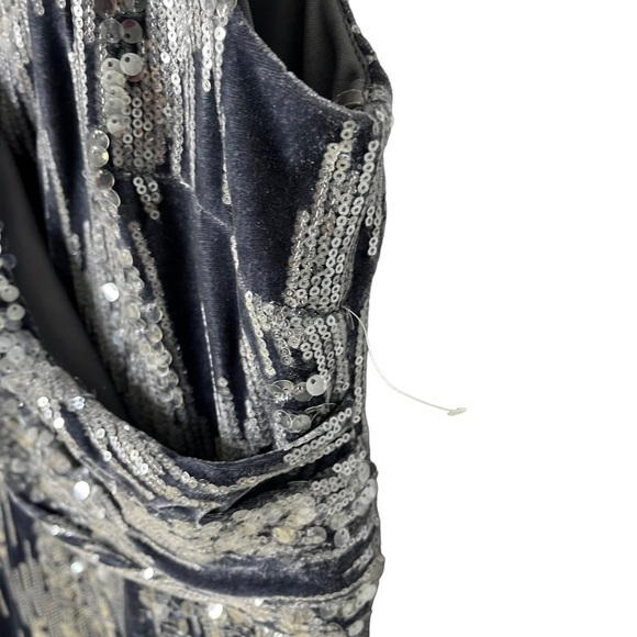 JS Collection June Faux Wrap MIDI Dress Size 12 Gray Blue Cap Sleeve Velvet - Picture 10 of 12